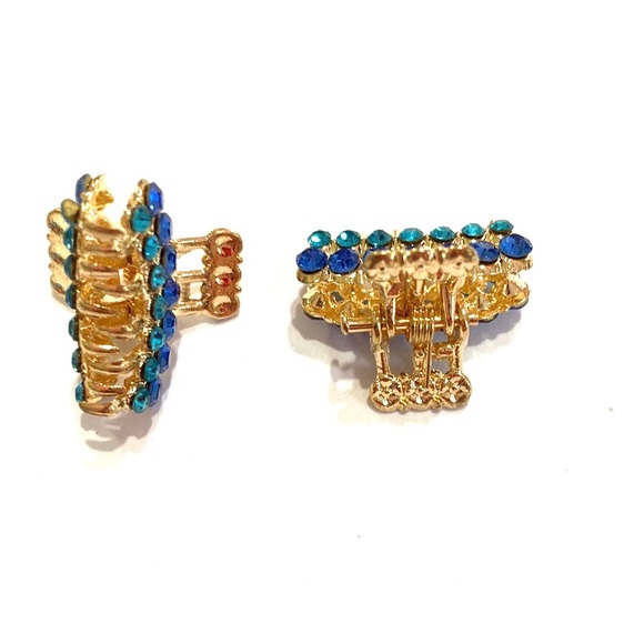 Jaw Clips Set Of 2 Gold Tone With Blue Rhinestones Mini Hair Claws - Picture 2 of 4